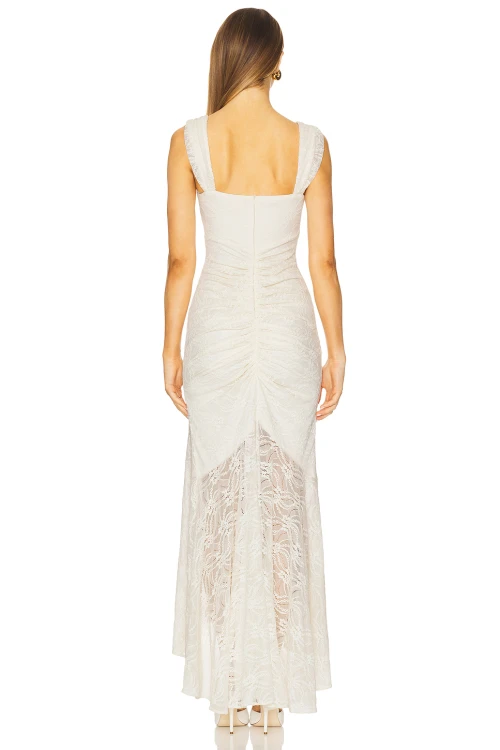 Hot Sale Elegant White Square Neckline Lace Pleated Design Asymmetric Hem Women Long Dress