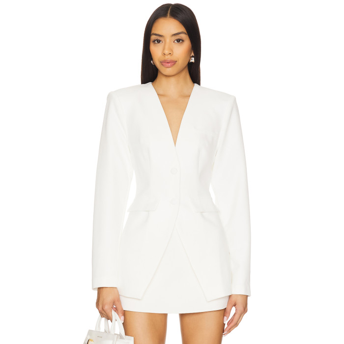 Slim Fitting Figure Enhancing White Single Breasted Fake Pockets V Neck Blazer