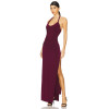 Burgundy Halter Neck Backless Ruched Split Midi Weight Bodycon Plain Weave Fabric Long Dress