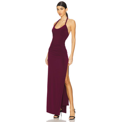 Burgundy Halter Neck Backless Ruched Split Midi Weight Bodycon Plain Weave Fabric Long Dress
