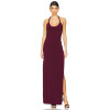 Burgundy Halter Neck Backless Ruched Split Midi Weight Bodycon Plain Weave Fabric Long Dress