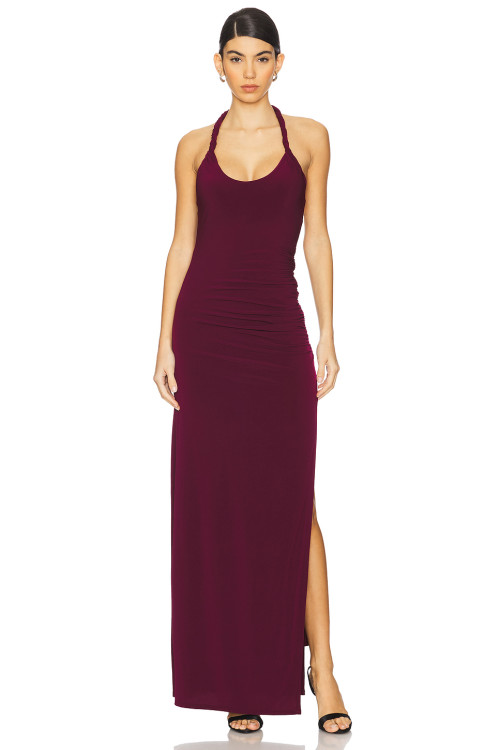 Burgundy Halter Neck Backless Ruched Split Midi Weight Bodycon Plain Weave Fabric Long Dress