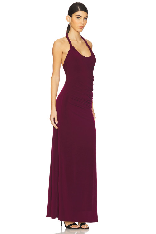 Burgundy Halter Neck Backless Ruched Split Midi Weight Bodycon Plain Weave Fabric Long Dress
