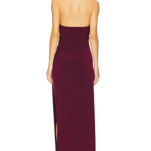 Burgundy Halter Neck Backless Ruched Split Midi Weight Bodycon Plain Weave Fabric Long Dress