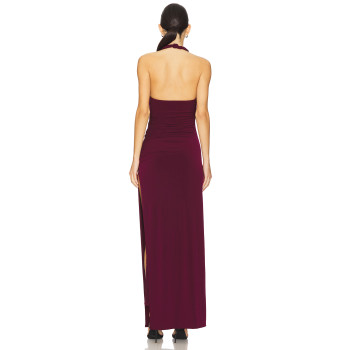 Burgundy Halter Neck Backless Ruched Split Midi Weight Bodycon Plain Weave Fabric Long Dress