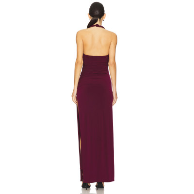 Burgundy Halter Neck Backless Ruched Split Midi Weight Bodycon Plain Weave Fabric Long Dress