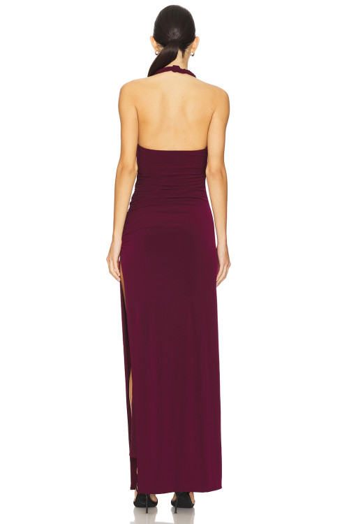 Burgundy Halter Neck Backless Ruched Split Midi Weight Bodycon Plain Weave Fabric Long Dress