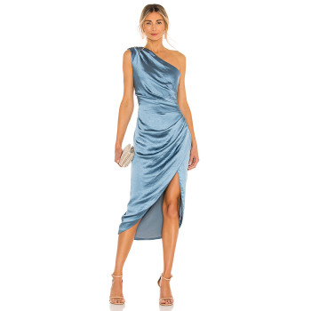 Customized One Shoulder High Ruffle Tight Waist Solid Color High-Low Hemline Evening Dress