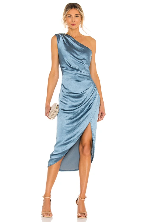 Customized One Shoulder High Ruffle Tight Waist Solid Color High-Low Hemline Evening Dress