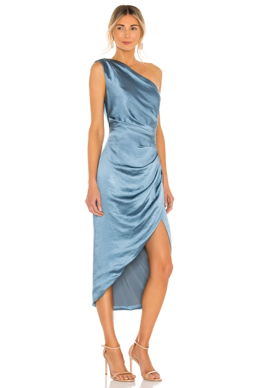 Customized One Shoulder High Ruffle Tight Waist Solid Color High-Low Hemline Evening Dress