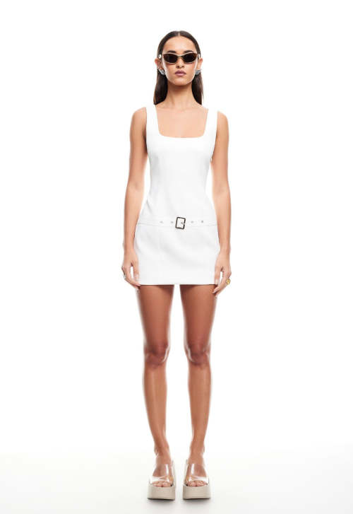 Exqiusite High quality Square neckline Camisole Sleeveless Belt trim Woman's Mini Dress