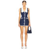 Blue White Denim Doll Collar Lace Trimmed Buttons Tie Back Straps Mini Women Dress