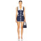 Blue White Denim Doll Collar Lace Trimmed Buttons Tie Back Straps Mini Women Dress