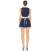 Blue White Denim Doll Collar Lace Trimmed Buttons Tie Back Straps Mini Women Dress