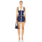 Blue White Denim Doll Collar Lace Trimmed Buttons Tie Back Straps Mini Women Dress