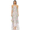Pale Floral Print Halter Neck Layered Chiffon Multiple Ruffled Tiers Back Slit Women’s Midi Dress