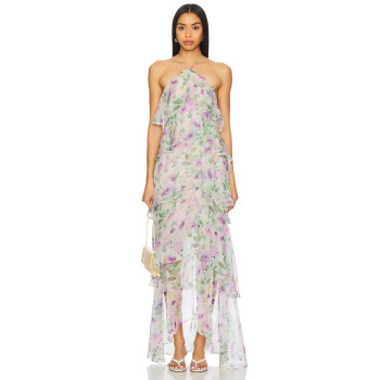 Pale Floral Print Halter Neck Layered Chiffon Multiple Ruffled Tiers Back Slit Women’s Midi Dress