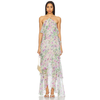 Pale Floral Print Halter Neck Layered Chiffon Multiple Ruffled Tiers Back Slit Women’s Midi Dress
