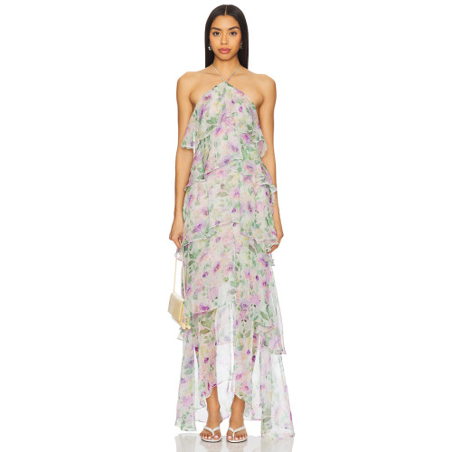 Pale Floral Print Halter Neck Layered Chiffon Multiple Ruffled Tiers Back Slit Women’s Midi Dress