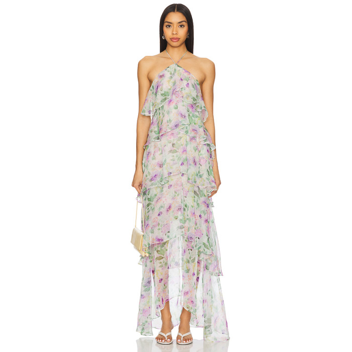 Pale Floral Print Halter Neck Layered Chiffon Multiple Ruffled Tiers Back Slit Women’s Midi Dress