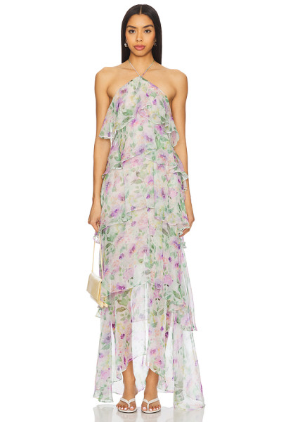 Pale Floral Print Halter Neck Layered Chiffon Multiple Ruffled Tiers Back Slit Women’s Midi Dress
