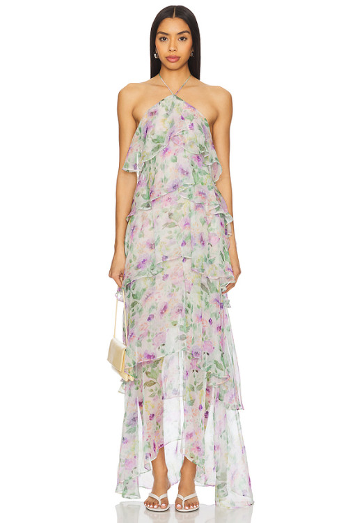 Pale Floral Print Halter Neck Layered Chiffon Multiple Ruffled Tiers Back Slit Women’s Midi Dress