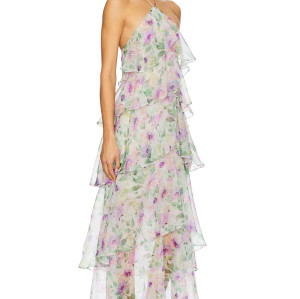 Pale Floral Print Halter Neck Layered Chiffon Multiple Ruffled Tiers Back Slit Women’s Midi Dress