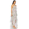 Pale Floral Print Halter Neck Layered Chiffon Multiple Ruffled Tiers Back Slit Women’s Midi Dress
