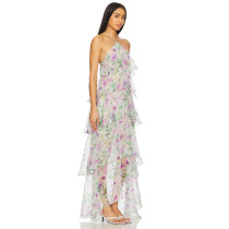 Pale Floral Print Halter Neck Layered Chiffon Multiple Ruffled Tiers Back Slit Women’s Midi Dress