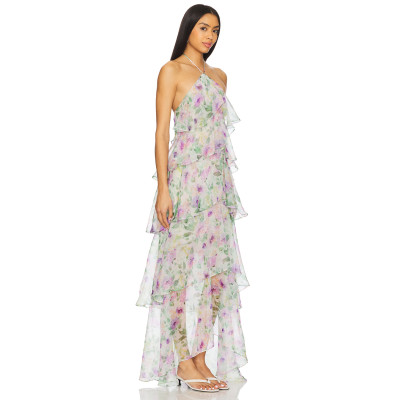 Pale Floral Print Halter Neck Layered Chiffon Multiple Ruffled Tiers Back Slit Women’s Midi Dress