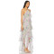 Pale Floral Print Halter Neck Layered Chiffon Multiple Ruffled Tiers Back Slit Women’s Midi Dress