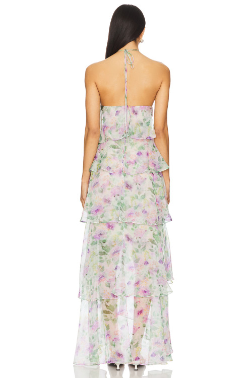 Pale Floral Print Halter Neck Layered Chiffon Multiple Ruffled Tiers Back Slit Women’s Midi Dress