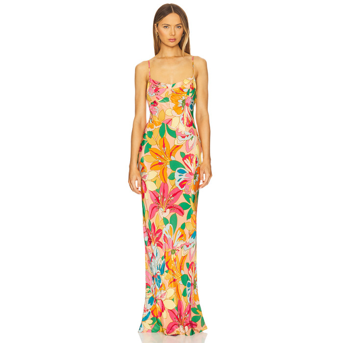 Elegant Fashion Camisole Sleeveless Cut Out Open Back Floral Print Casual Dress