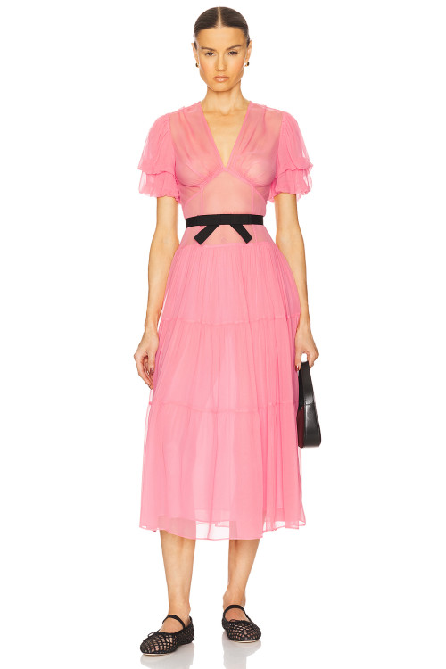 Woman's Freedom High quality Lightweight Belt trims V neck Casual Sunny Ladies Midi Dress