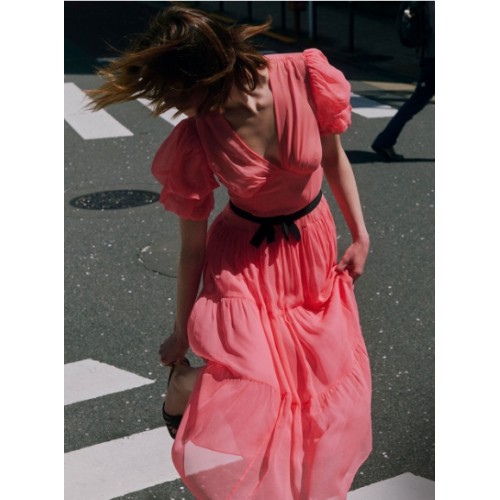 Woman's Freedom High quality Lightweight Belt trims V neck Casual Sunny Ladies Midi Dress