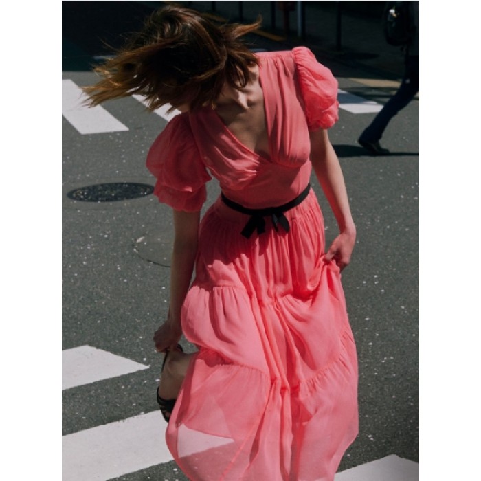 Woman's Freedom High quality Lightweight Belt trims V neck Casual Sunny Ladies Midi Dress