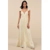 Woman's High Quality Backless Sleeveless V neck Light Yellow Ruffled Lace-Up Maxi Dress