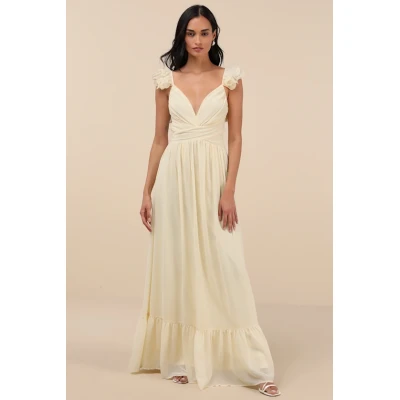 Woman's High Quality Backless Sleeveless V neck Light Yellow Ruffled Lace-Up Maxi Dress