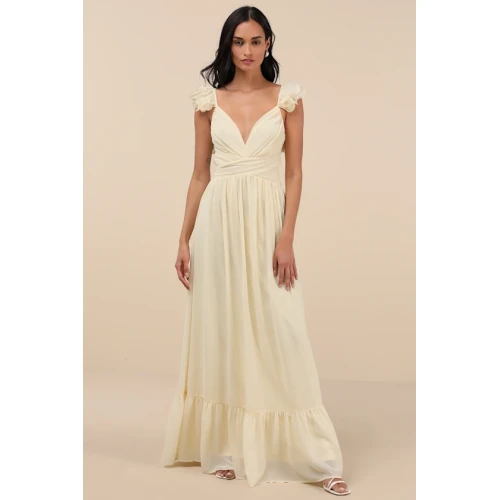 Woman's High Quality Backless Sleeveless V neck Light Yellow Ruffled Lace-Up Maxi Dress