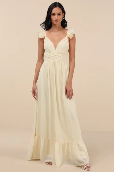 Woman's High Quality Backless Sleeveless V neck Light Yellow Ruffled Lace-Up Maxi Dress