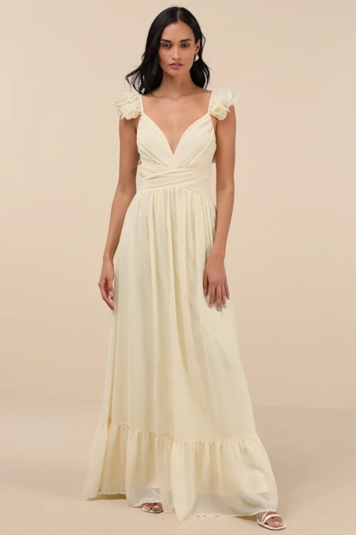 Woman's High Quality Backless Sleeveless V neck Light Yellow Ruffled Lace-Up Maxi Dress