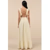 Woman's High Quality Backless Sleeveless V neck Light Yellow Ruffled Lace-Up Maxi Dress