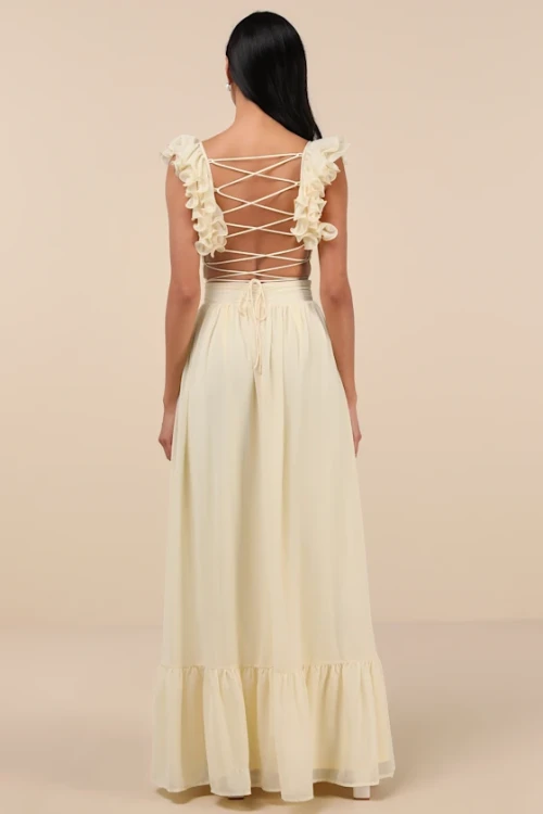 Woman's High Quality Backless Sleeveless V neck Light Yellow Ruffled Lace-Up Maxi Dress