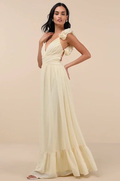 Woman's High Quality Backless Sleeveless V neck Light Yellow Ruffled Lace-Up Maxi Dress
