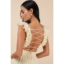 Woman's High Quality Backless Sleeveless V neck Light Yellow Ruffled Lace-Up Maxi Dress
