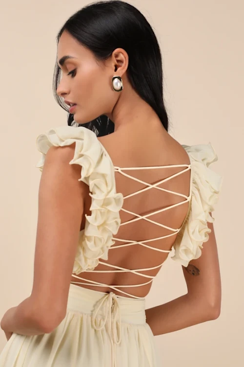 Woman's High Quality Backless Sleeveless V neck Light Yellow Ruffled Lace-Up Maxi Dress