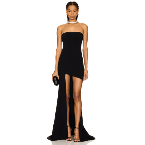 Sexy Strapless Black Boned Bodice Non Stick Silicone Grip Trim Floor Length Gown