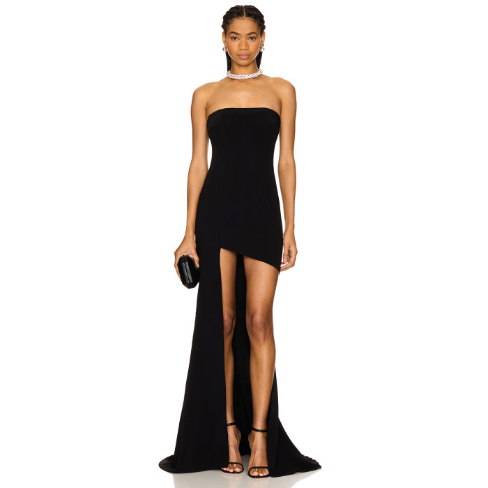 Sexy Strapless Black Boned Bodice Non Stick Silicone Grip Trim Floor Length Gown