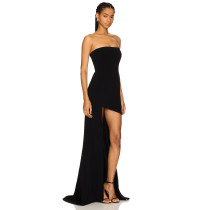 Sexy Strapless Black Boned Bodice Non Stick Silicone Grip Trim Floor Length Gown