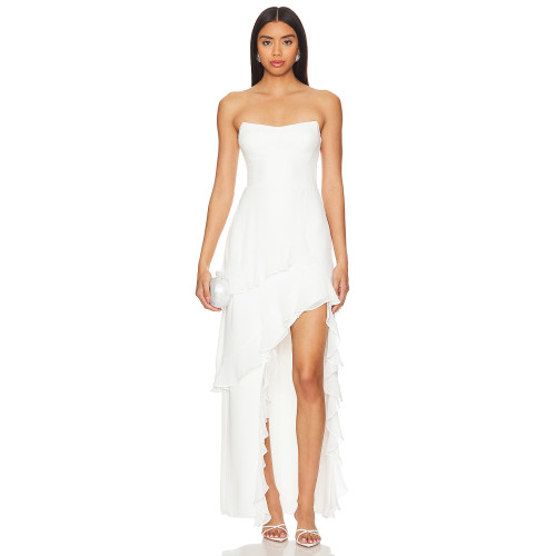Hot Sale Elegant Strapless Mid Weight Chiffon Ruffled High Slit White Maxi Dress for Women